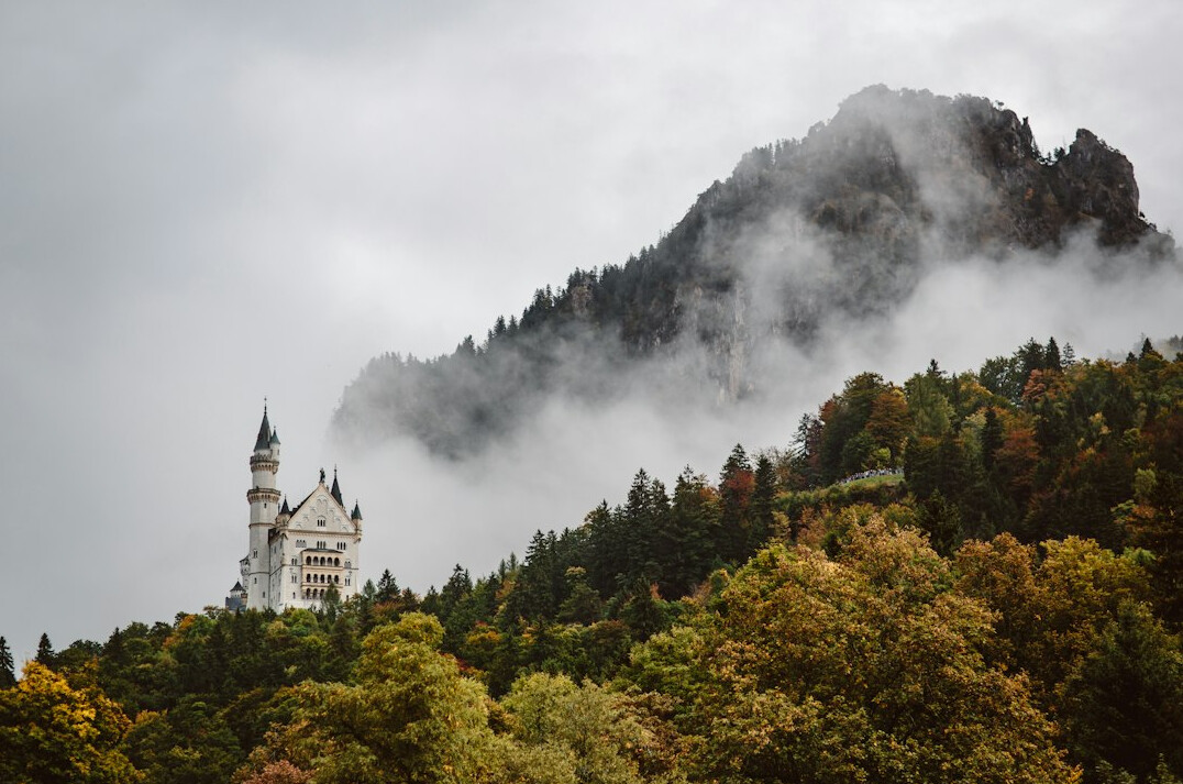 Neuschwanstein Castle surrounded by forested mountains