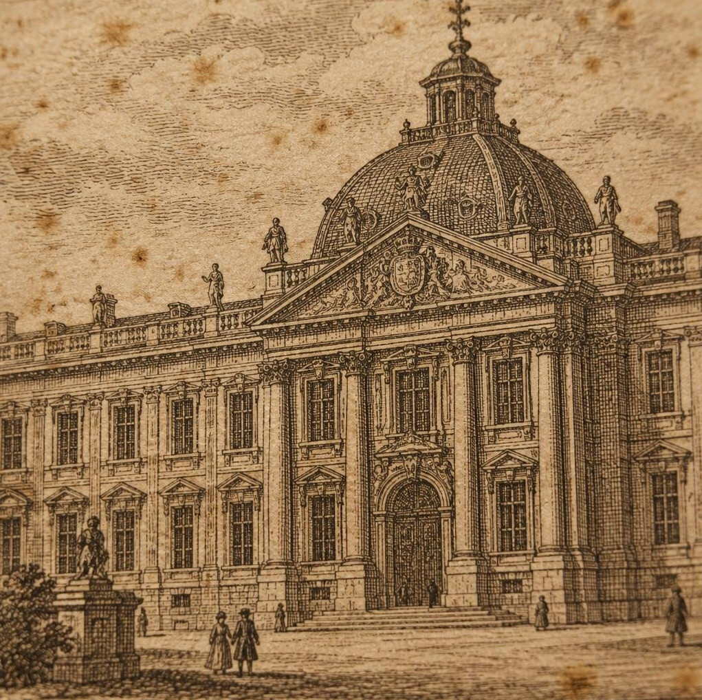 Close-up of an aged architectural engraving