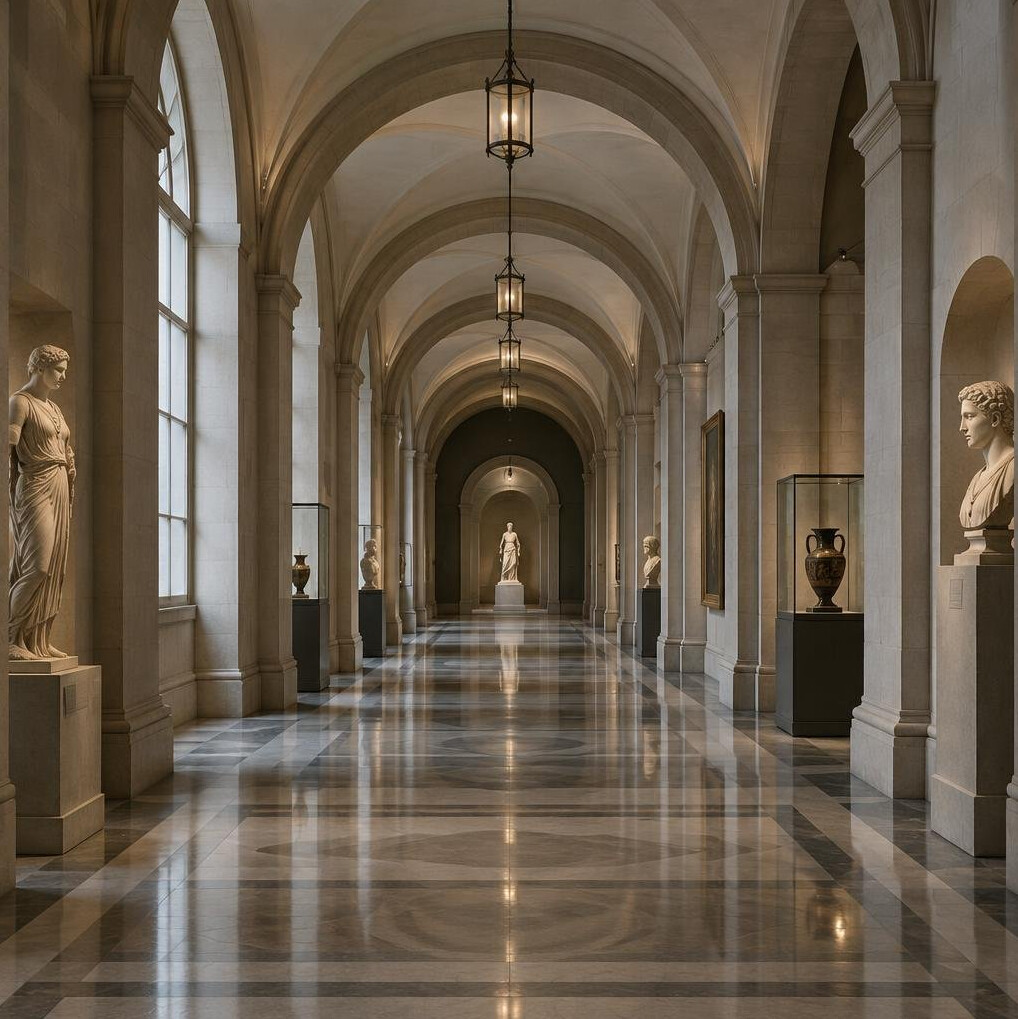 Quiet museum corridor with stone arches