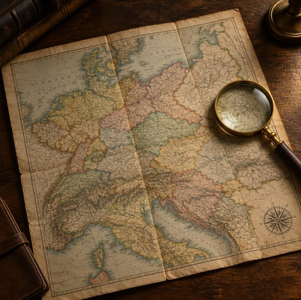 Antique folded map of Central Europe on a desk