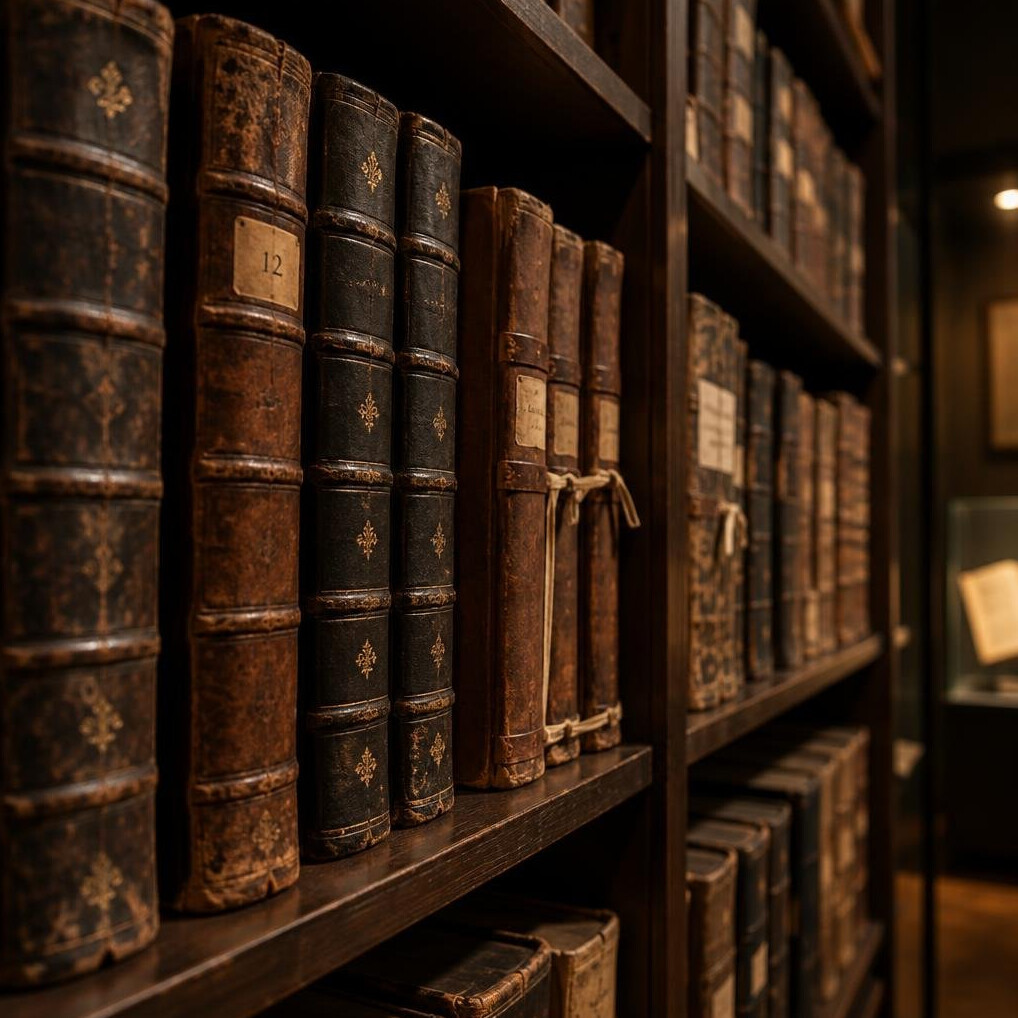 Rows of leather-bound archive volumes on wooden shelving