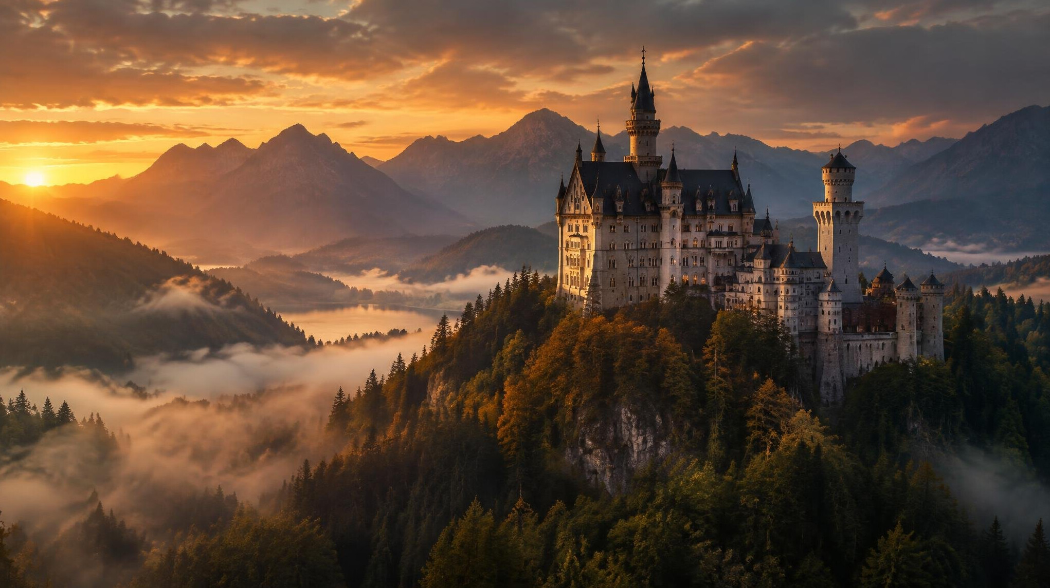 Fairytale German castle at dusk on a forested hill