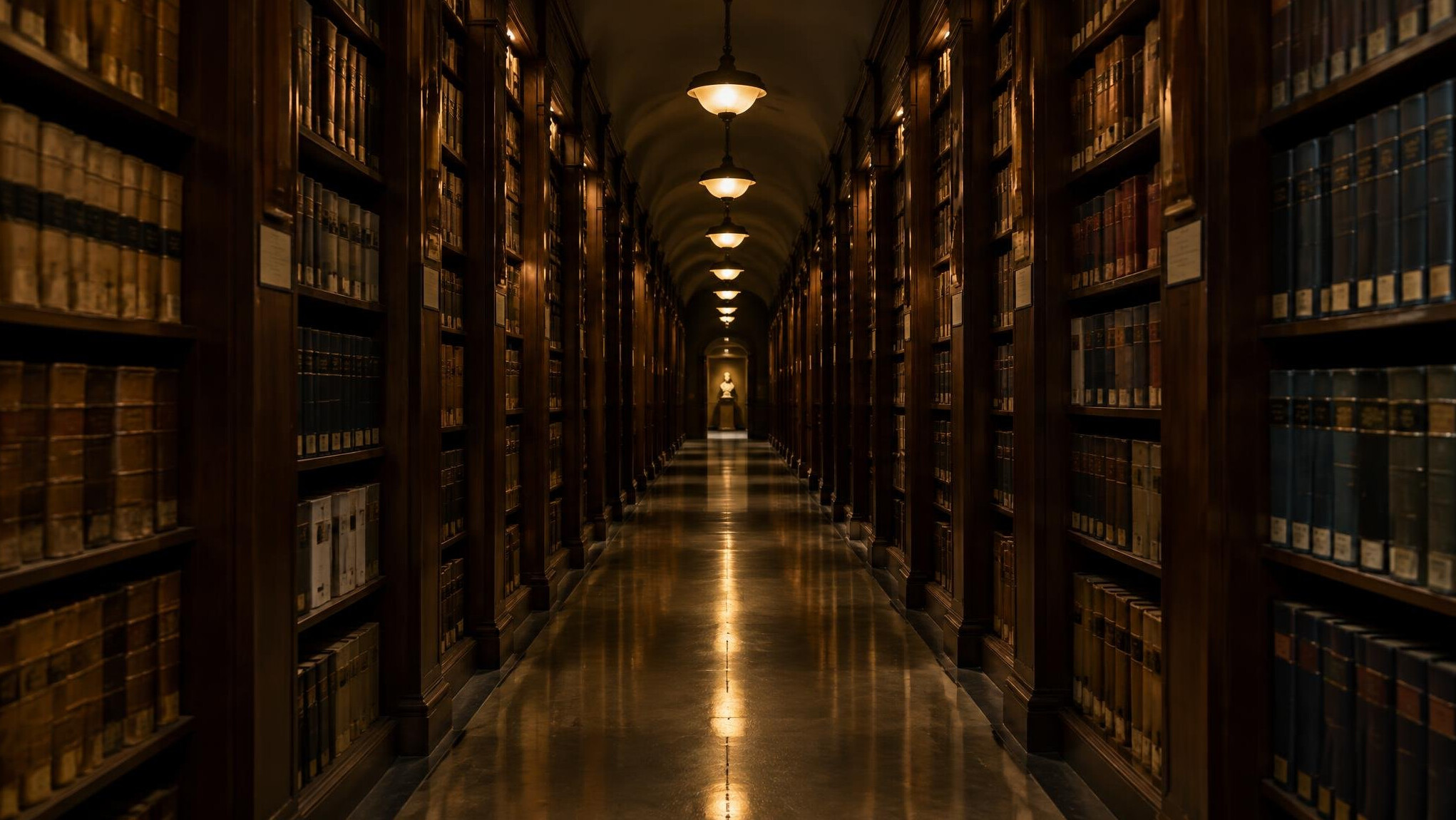 Long corridor of a museum archive with tall shelving