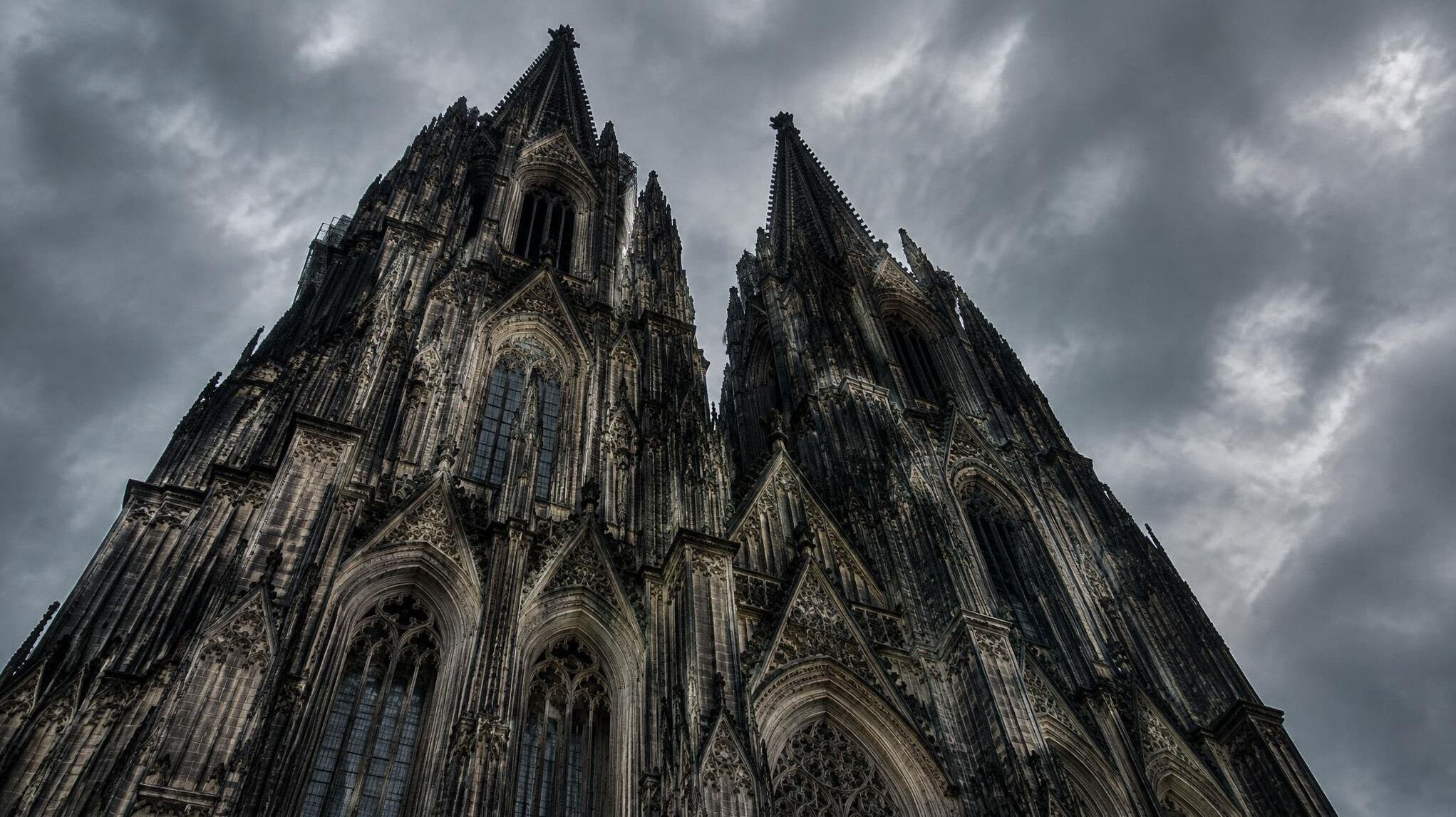 Gothic towers of Cologne Cathedral against the sky